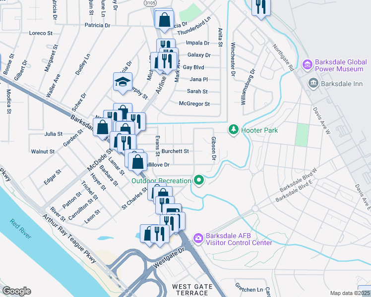 map of restaurants, bars, coffee shops, grocery stores, and more near 1327 Burchett Street in Bossier City
