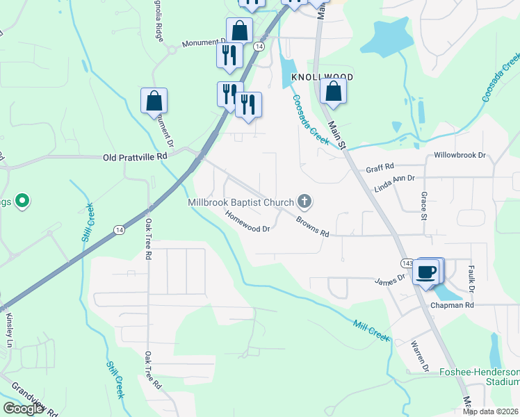 map of restaurants, bars, coffee shops, grocery stores, and more near 3322 Browns Road in Millbrook
