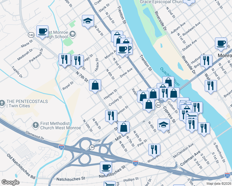 map of restaurants, bars, coffee shops, grocery stores, and more near 501 Haynes St in West Monroe