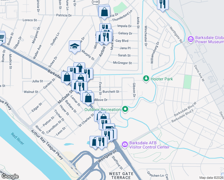 map of restaurants, bars, coffee shops, grocery stores, and more near 1303 Burchett Street in Bossier City