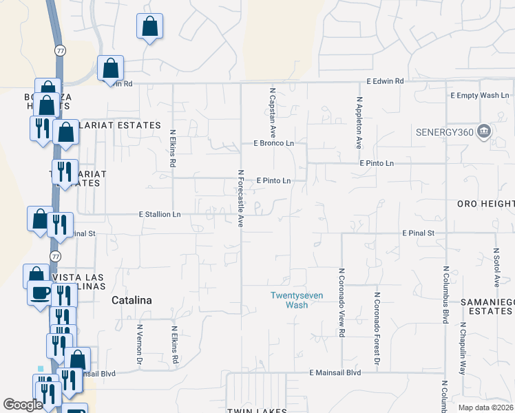 map of restaurants, bars, coffee shops, grocery stores, and more near 16480 North Forecastle Avenue in Tucson