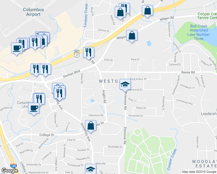 map of restaurants, bars, coffee shops, grocery stores, and more near 3815 Anglin Court in Columbus