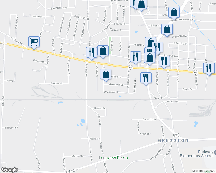 map of restaurants, bars, coffee shops, grocery stores, and more near 700 Viewcrest Drive in Longview