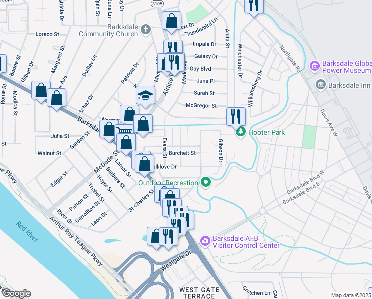 map of restaurants, bars, coffee shops, grocery stores, and more near 1327 Burchett Street in Bossier City