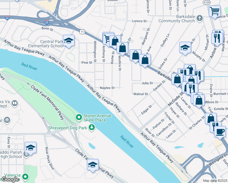 map of restaurants, bars, coffee shops, grocery stores, and more near 510 Rome Street in Bossier City