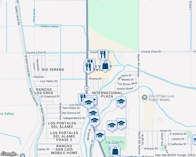 map of restaurants, bars, coffee shops, grocery stores, and more near 22315 Piceno Drive in San Luis