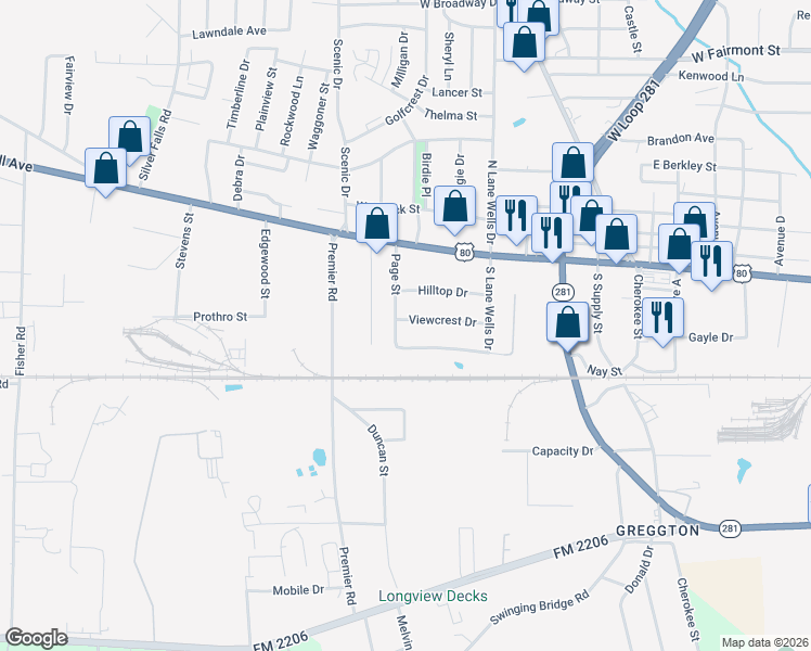 map of restaurants, bars, coffee shops, grocery stores, and more near 700 Viewcrest Drive in Longview