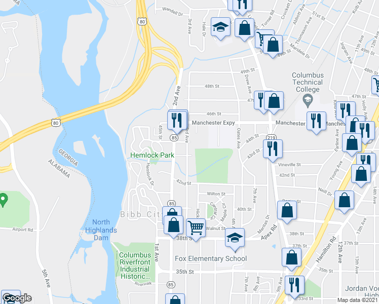 map of restaurants, bars, coffee shops, grocery stores, and more near 4306 3rd Avenue in Columbus