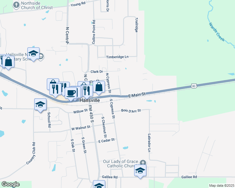 map of restaurants, bars, coffee shops, grocery stores, and more near 305 East Main Street in Hallsville