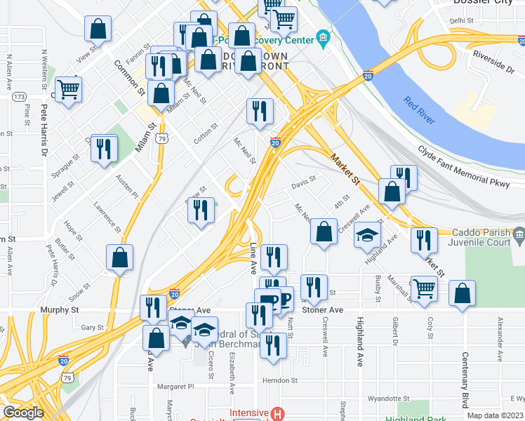 map of restaurants, bars, coffee shops, grocery stores, and more near 1048 Louisiana Ave in Shreveport