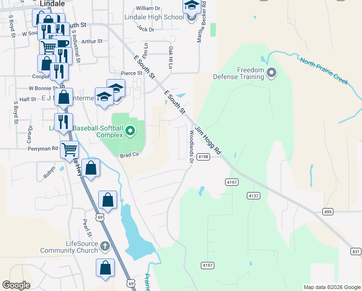 map of restaurants, bars, coffee shops, grocery stores, and more near 1115 East Park in Lindale