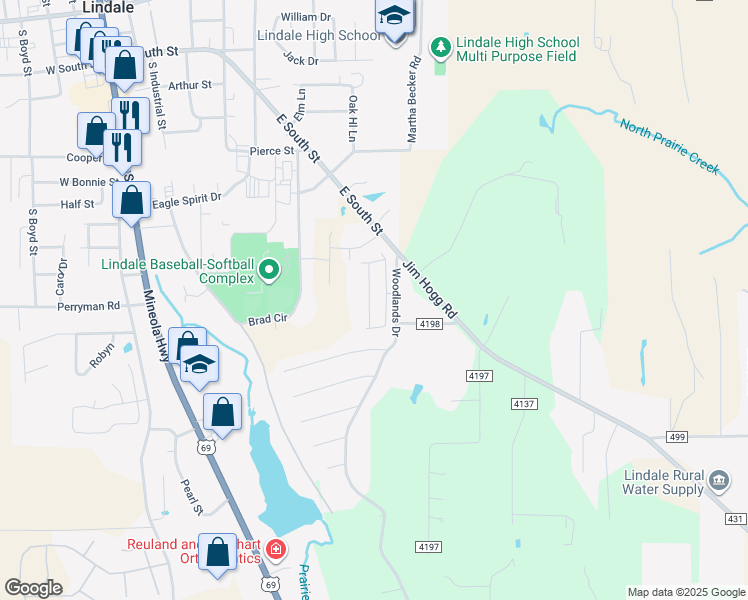 map of restaurants, bars, coffee shops, grocery stores, and more near 1115 East Park Drive in Lindale