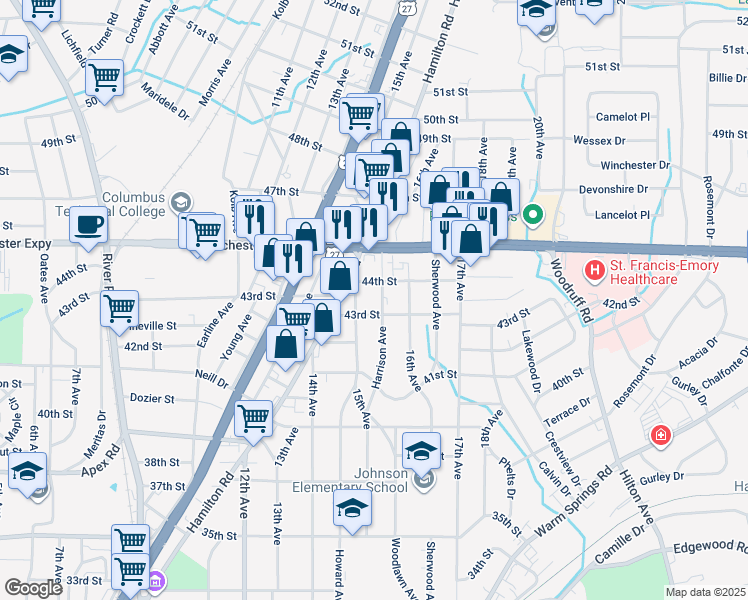 map of restaurants, bars, coffee shops, grocery stores, and more near 4301 Harrison Avenue in Columbus