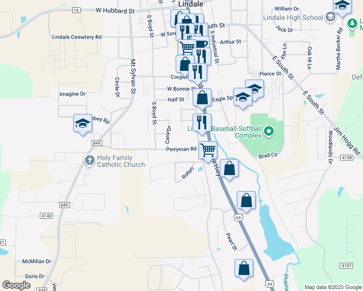 map of restaurants, bars, coffee shops, grocery stores, and more near 215 Perryman Road in Lindale