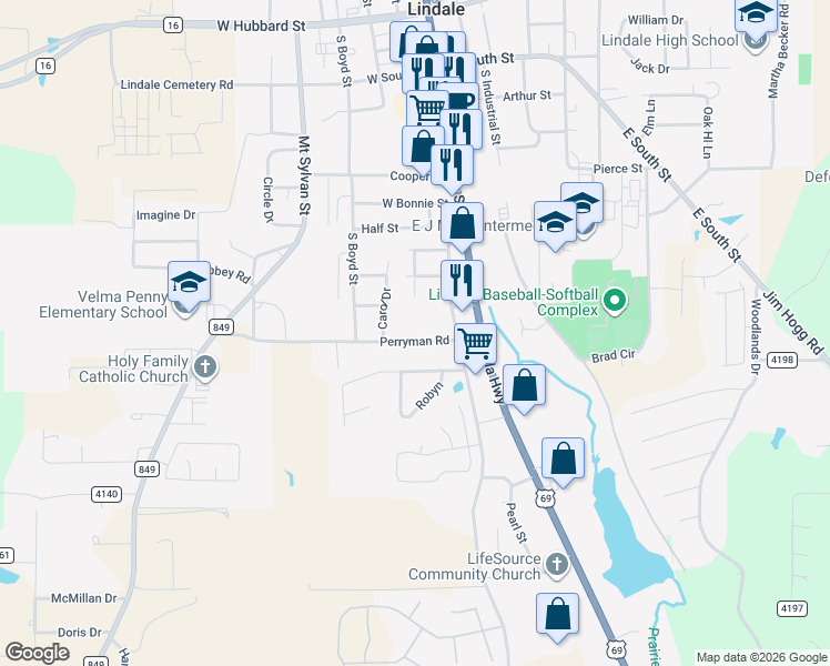 map of restaurants, bars, coffee shops, grocery stores, and more near 215 Perryman Road in Lindale