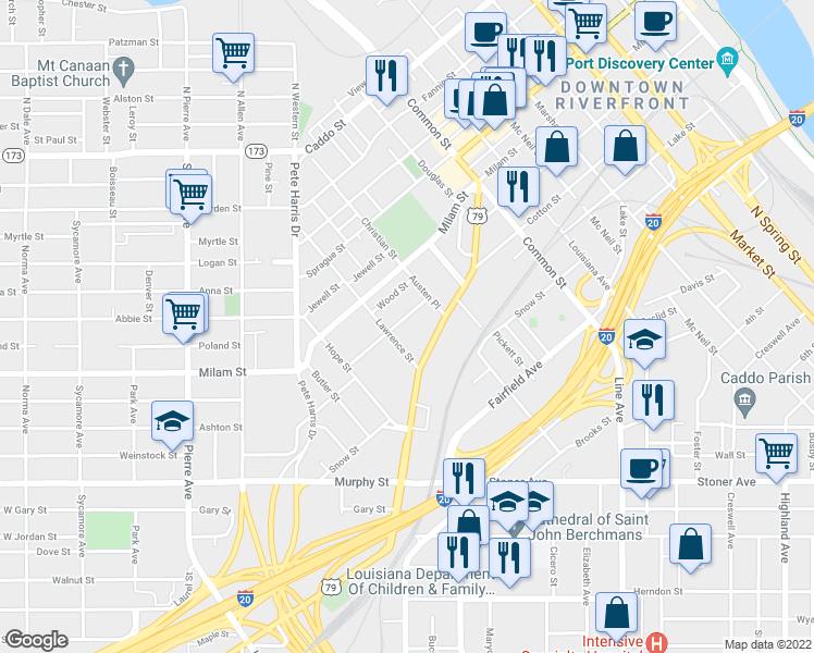 map of restaurants, bars, coffee shops, grocery stores, and more near 1243 Oakland Street in Shreveport