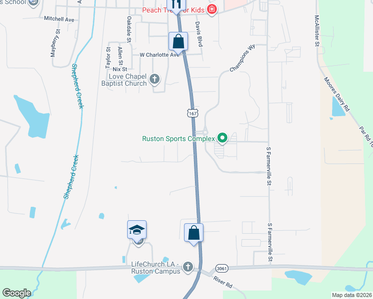map of restaurants, bars, coffee shops, grocery stores, and more near 2100 South Vienna Street in Ruston