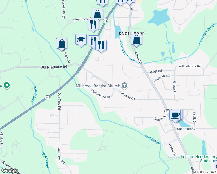 map of restaurants, bars, coffee shops, grocery stores, and more near 3322 Browns Road in Millbrook