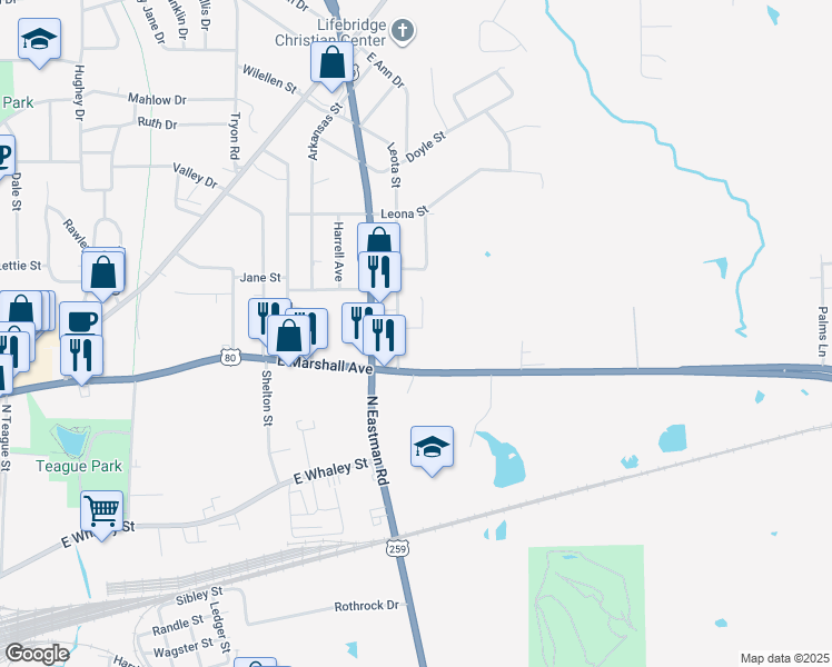map of restaurants, bars, coffee shops, grocery stores, and more near 104 Pinebrook Place in Longview