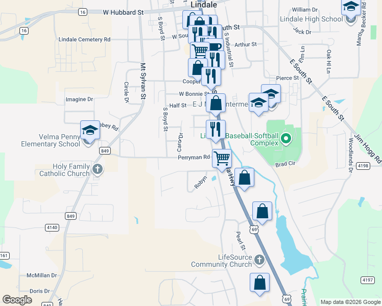 map of restaurants, bars, coffee shops, grocery stores, and more near 215 Perryman Road in Lindale