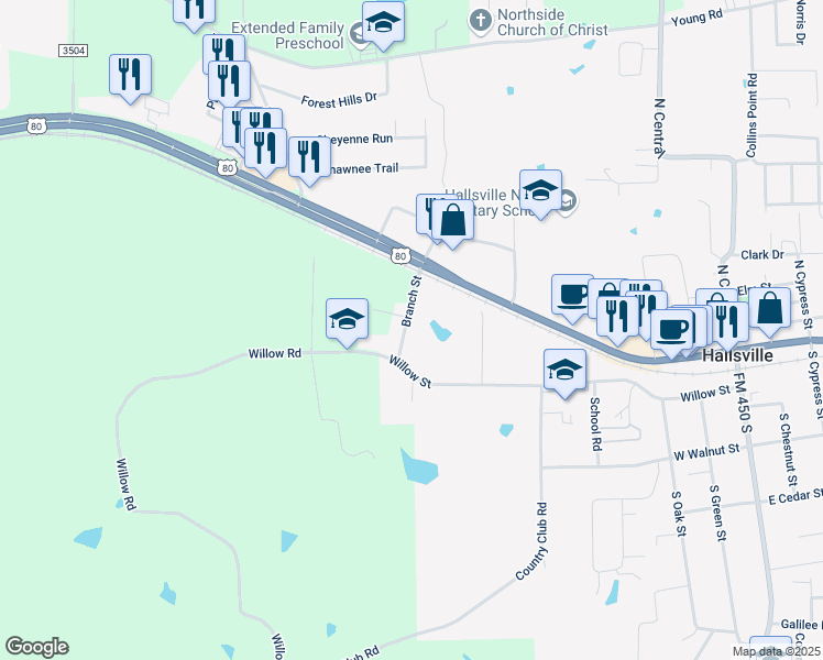 map of restaurants, bars, coffee shops, grocery stores, and more near 113 Branch Street in Hallsville
