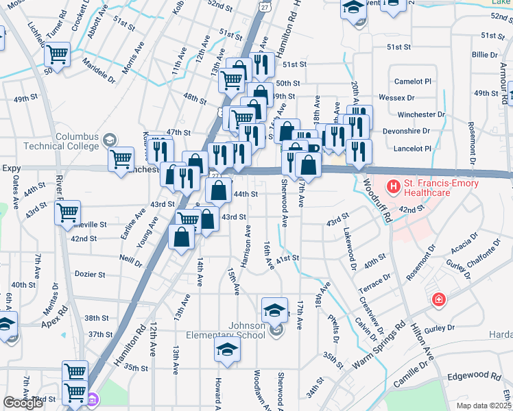 map of restaurants, bars, coffee shops, grocery stores, and more near 4312 Harrison Avenue in Columbus