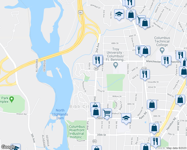 map of restaurants, bars, coffee shops, grocery stores, and more near 4311 2nd Avenue in Columbus