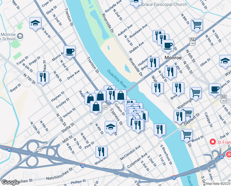 map of restaurants, bars, coffee shops, grocery stores, and more near 700 Trenton Street in West Monroe