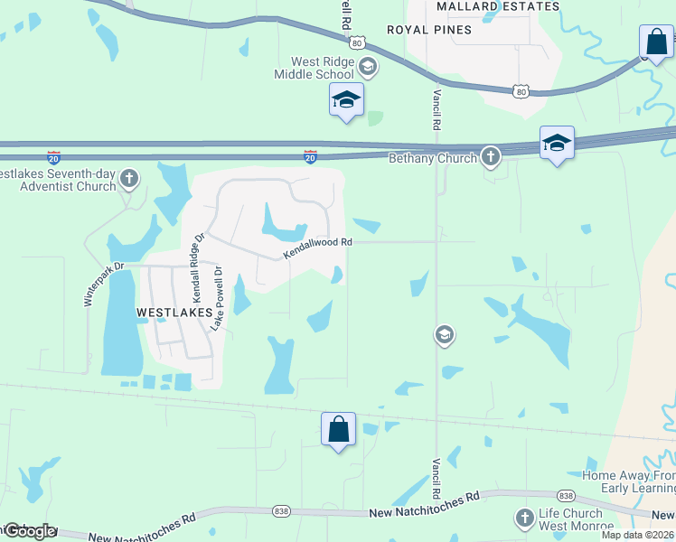 map of restaurants, bars, coffee shops, grocery stores, and more near 106 Byrd Rd in West Monroe