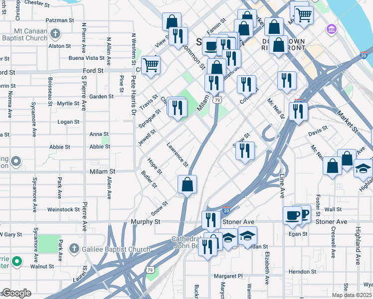 map of restaurants, bars, coffee shops, grocery stores, and more near 1243 Oakland Street in Shreveport