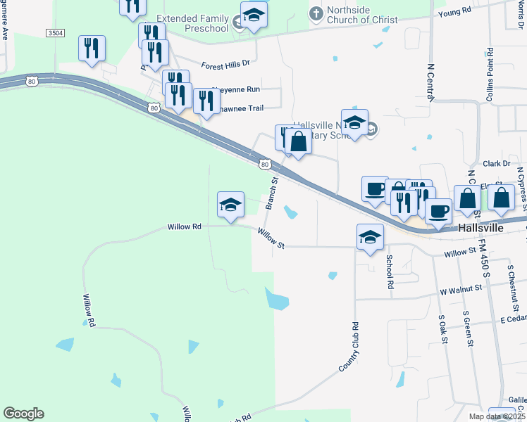 map of restaurants, bars, coffee shops, grocery stores, and more near 113 Branch Street in Hallsville