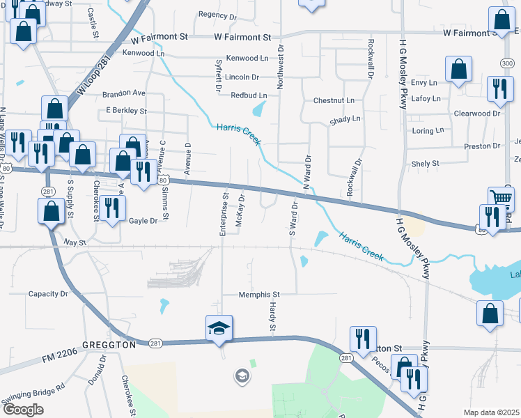 map of restaurants, bars, coffee shops, grocery stores, and more near 204 Princess Lane in Longview