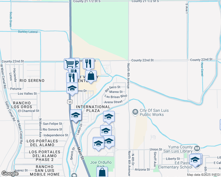 map of restaurants, bars, coffee shops, grocery stores, and more near 1474-1520 Rio Seco Street in San Luis