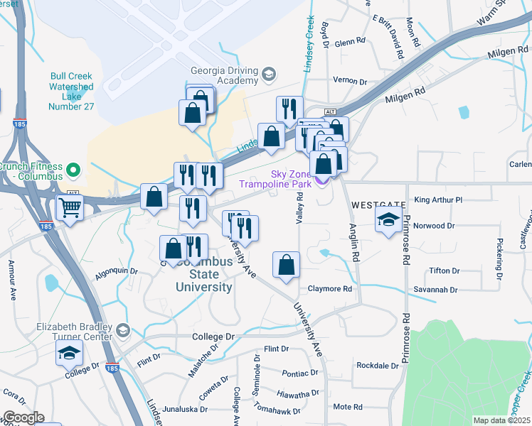 map of restaurants, bars, coffee shops, grocery stores, and more near 3536 Gentian Boulevard in Columbus