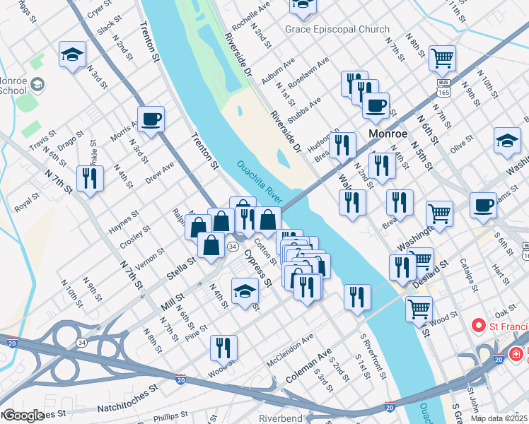 map of restaurants, bars, coffee shops, grocery stores, and more near 700 Trenton Street in West Monroe