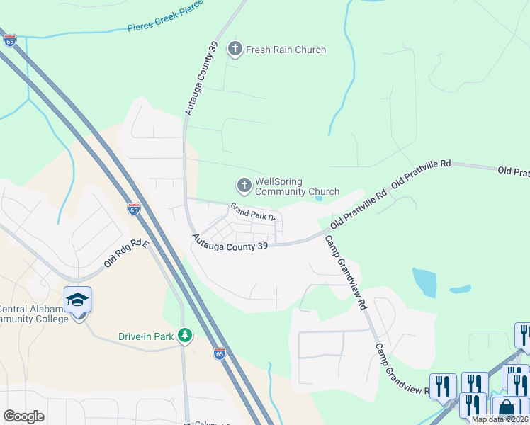 map of restaurants, bars, coffee shops, grocery stores, and more near 124 Grand Park Drive in Deatsville