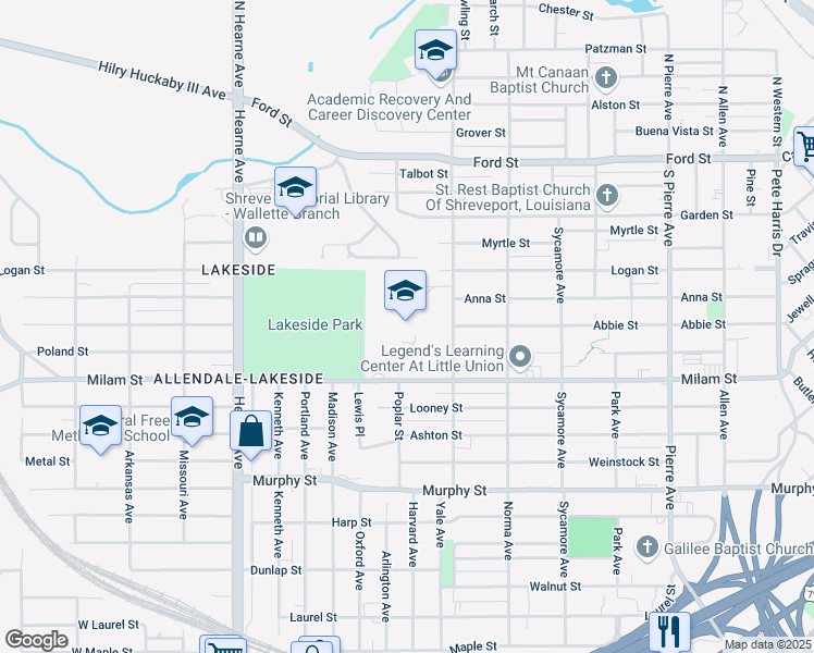 map of restaurants, bars, coffee shops, grocery stores, and more near 2104 Milam Street in Shreveport