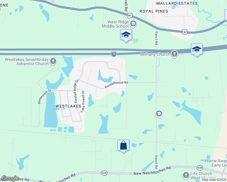 map of restaurants, bars, coffee shops, grocery stores, and more near 299-351 Kendallwood Road in West Monroe