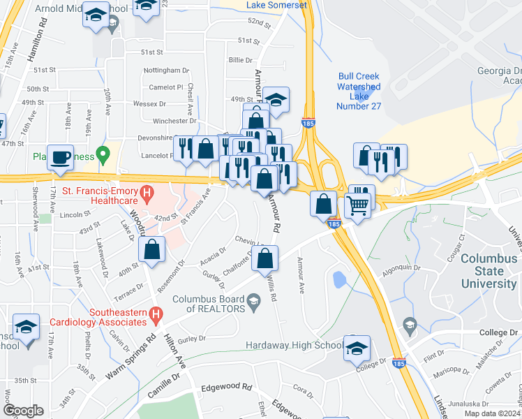 map of restaurants, bars, coffee shops, grocery stores, and more near 4408 Chalfonte Drive in Columbus