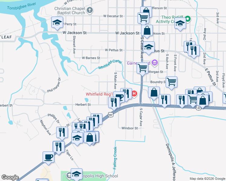 map of restaurants, bars, coffee shops, grocery stores, and more near 1101-1115 S Commissioners Ave in Demopolis