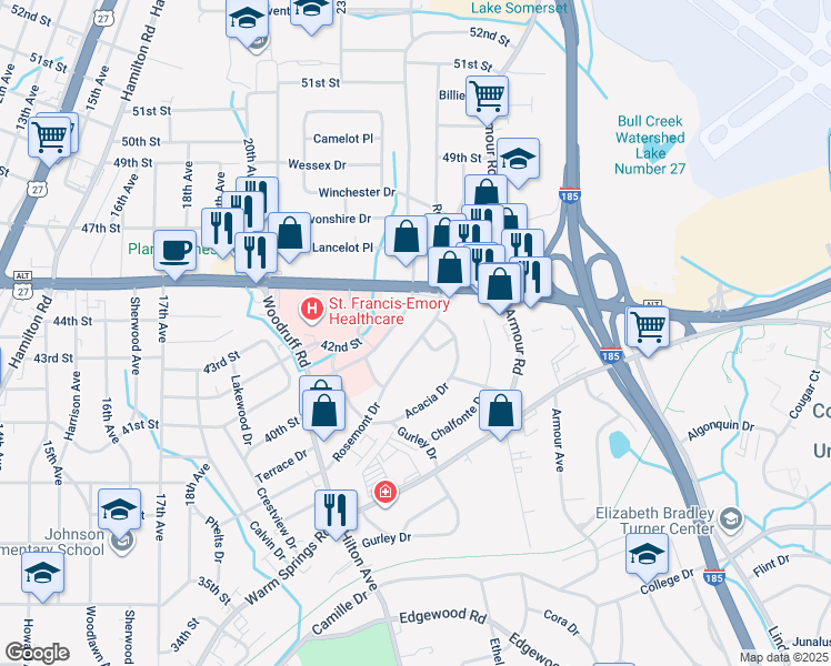 map of restaurants, bars, coffee shops, grocery stores, and more near 4311 Rosemont Drive in Columbus