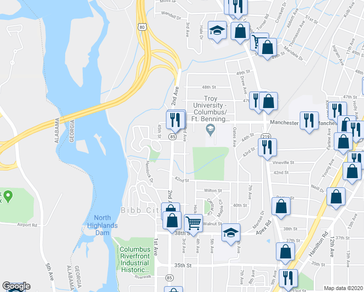 map of restaurants, bars, coffee shops, grocery stores, and more near 4306 3rd Avenue in Columbus