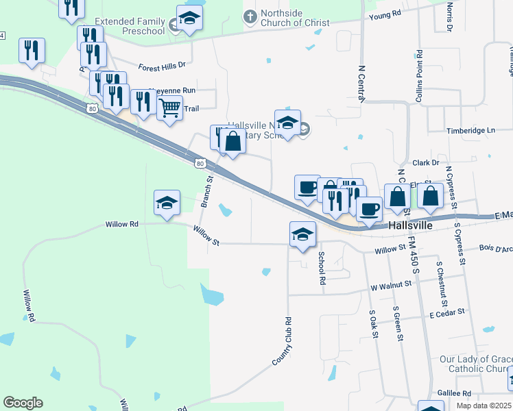 map of restaurants, bars, coffee shops, grocery stores, and more near 107 Willow Creek Court in Hallsville