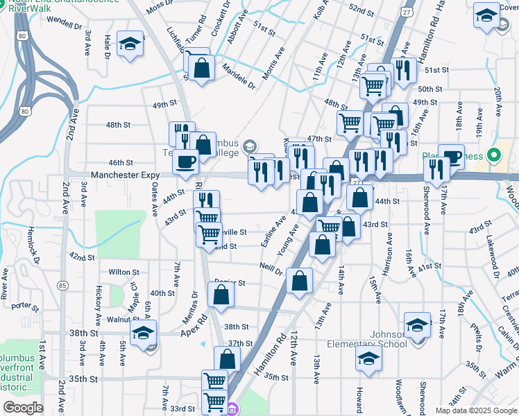 map of restaurants, bars, coffee shops, grocery stores, and more near 1038 43rd Street in Columbus