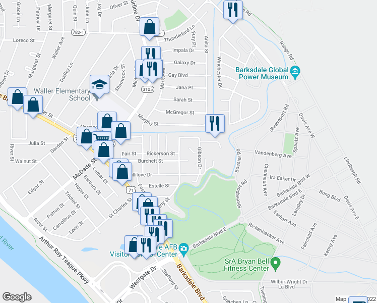 map of restaurants, bars, coffee shops, grocery stores, and more near 1409 North Gibson Circle in Bossier City
