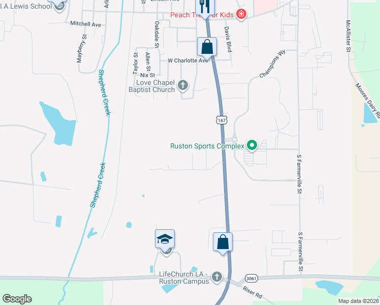 map of restaurants, bars, coffee shops, grocery stores, and more near 2000 South Vienna Street in Ruston