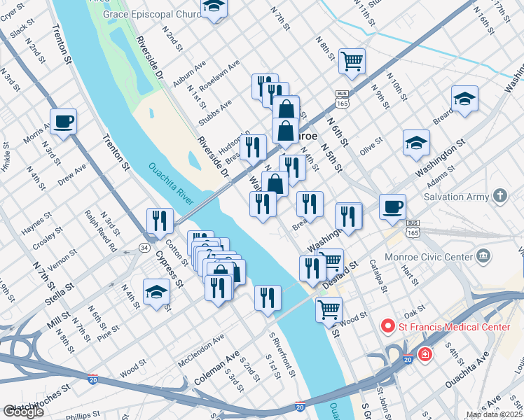 map of restaurants, bars, coffee shops, grocery stores, and more near 1-99 Olive St in Monroe