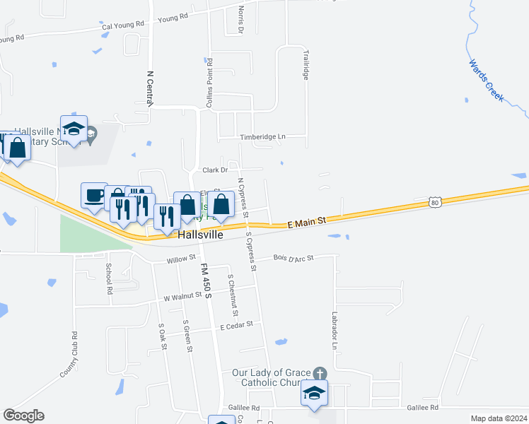 map of restaurants, bars, coffee shops, grocery stores, and more near 305 East Main Street in Hallsville