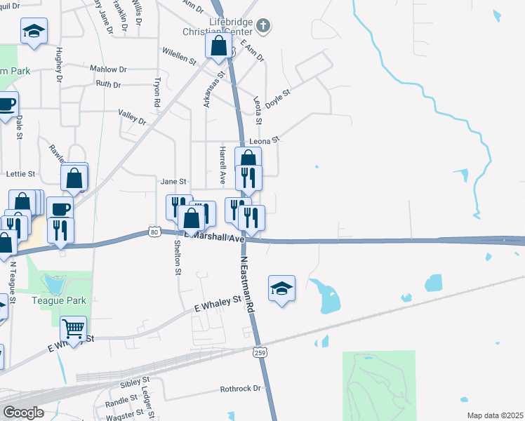 map of restaurants, bars, coffee shops, grocery stores, and more near 104 Pinebrook Place in Longview