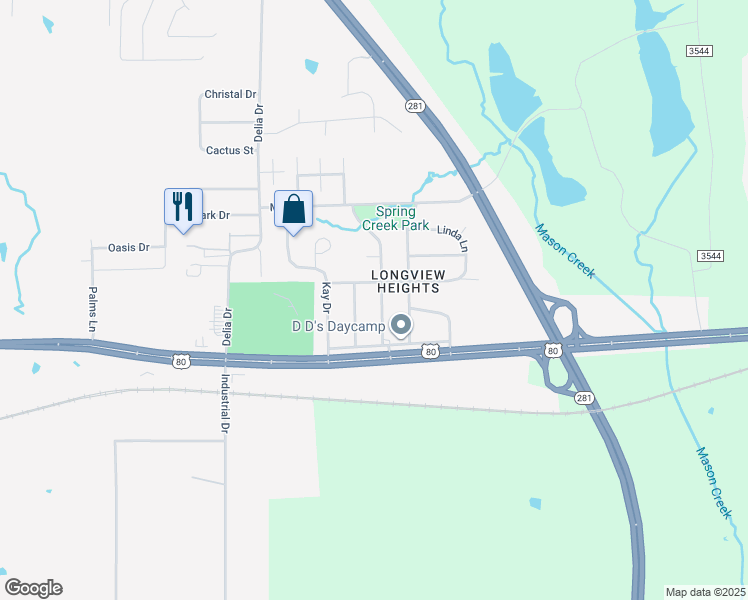 map of restaurants, bars, coffee shops, grocery stores, and more near 506 Tullie Drive in Longview